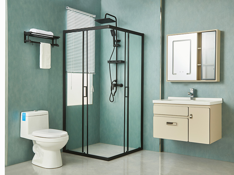 Vách tắm trượt SQ, Kính cường lực trong suốt, Nhôm đen, Tay cầm hai lỗ, Có khay Vách tắm trượt SQ, Kính cường lực trong suốt, Nhôm đen, Tay cầm hai lỗ, Có khay