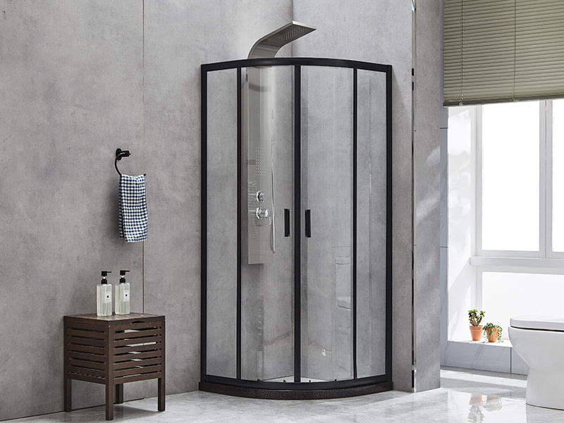 Vách tắm trượt SE, Kính cường lực trong suốt, Nhôm định hình màu đen, Tay cầm hai lỗ, Không có khay
