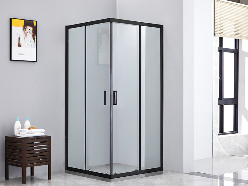 Vách tắm trượt SQ, Kính cường lực trong suốt, Nhôm đen, Tay cầm hai lỗ, Không có khay